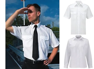Mens Pilot Uniform Shirt Short Long Sleeve White & Navy Blue Security Epaulettes • £8.99