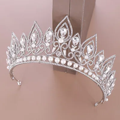 7.5cm Tall Pearl Crystal Tiara Crown Wedding Bridal Queen Pageant Prom 2 Colours • £20.40