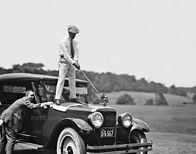 Vintage GOLF ANTIQUE CAR Photo Picture GOLFER Hitting Ball Off Hood 8x10 11x14 • $4.95