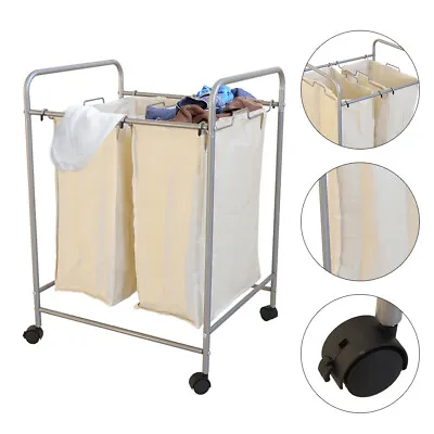 $33.02 • Buy Mobile Laundry Cart With Wheels 2 Oxford Cloth Bags Home Organizer Basket 