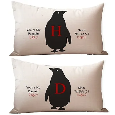 Personalised Penguin Cushion Covers Wedding Valentines Day Mr & Mrs Gift LKC12 • £19.95