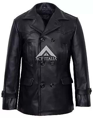 GERMAN Mens Pea Coat BLACK Classic Reefer Military Genuine Leather Jacket DR WHO • $128.21