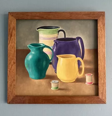 Original Vintage Oil Painting Still Life With Milk Jugs And Cotton Reels • £29.99