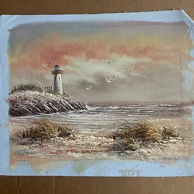 VINTAGE Hand Painted Original  Painting On Canvas 12  X 16   Lighthouse By Gordo • $15.16