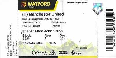 Watford V Manchester United. Ticket Stub. 2019-2020 • £3.99