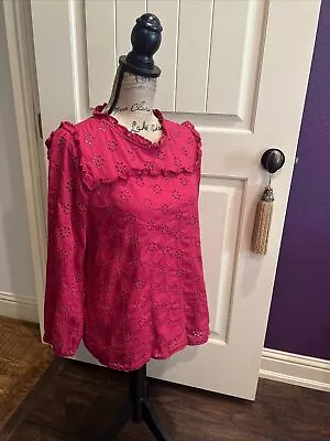 J.CREW Magenta Pink Eyelet Lace Blouse High Neck Edwardian S 40” 24” • £23.35