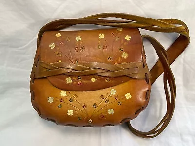 Vintage Purse 1960s-70s Leather Tooled Floral Shoulder Bag • $65