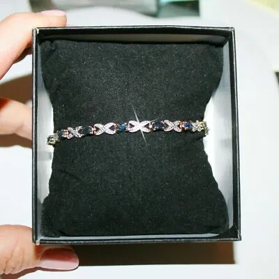 $92.88 • Buy Sapphire Tiny Diamond Infinity Tennis Bracelet 14k Yellow Gold Over Silver