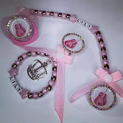 Baby Girls Pink Dummy And Clip Romany Gypsy Bling Designer • £5.99