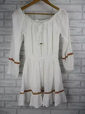 Tigerlily Womens Off Shoulder Dress White Brown Trim 6 Long Sleeve • $34.30