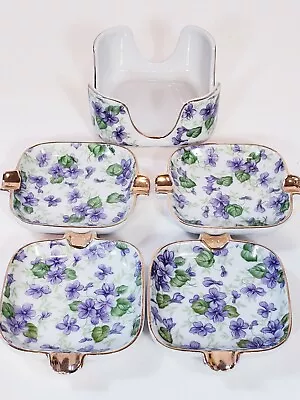 Lefton China Violets Chintz Ashtrays 4 Stackable With Holder Hand Painted  • $18