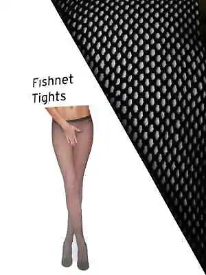 Black Fishnet Tights One Size Up To 42  Hip Hosiery Pantyhose Backseam Burlesque • £6.99