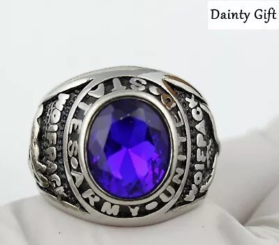 Men Women Blue Agate Stone US Army Silver Titanium Stainless Steel Ring 8-12 • $12.99