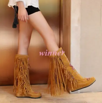 Womens Tassels Embroidery Mid Calf Knee High Boots Fringe Hidden Wedge Moccasins • $50.51