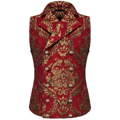 Men Gothic Victorian Red/Gold Brocade Waistcoat Vest Jacquard Tuxedo Vest • $44.95