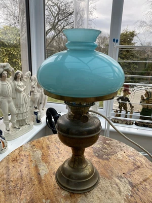£74.99 • Buy Antique Oil Lamp Converted To Electric - Blue Glass Shade