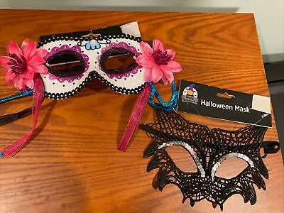 Halloween Eye Mask Set Of 2! Day Of Dead Pink Flowers And Black With Silver • $13