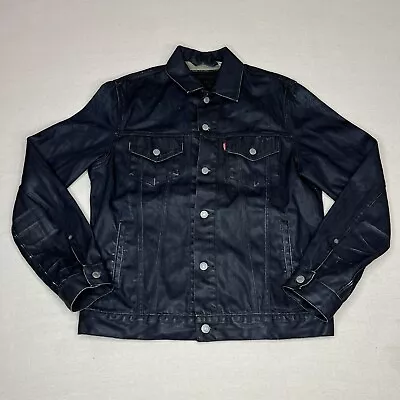 Levis Jacket Adult Large Waxed Denim Jean Button Distressed Dark Wash Whiskers • $105.92