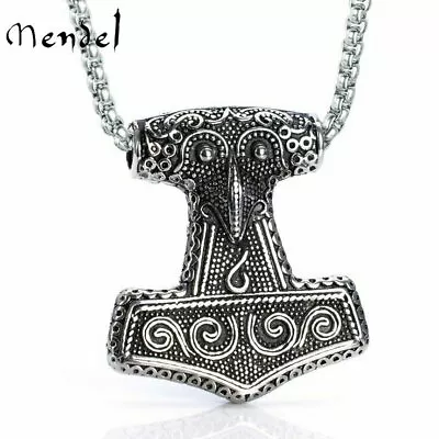 MENDEL Mens Viking Raven Mjolnir Pendant Necklace Sigil Talisman Stainless Steel • $13.99