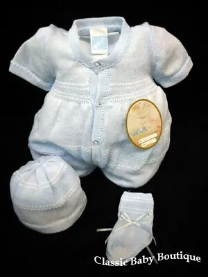 NWT Will'beth Blue Knit Button Jon Jon Romper Preemie Baby Boys Hat Booties 00 • $37.71