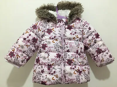 Lovely Baby Girls Pink Floral Fur Trim Hood Puffa Coat 3-6m💗 • £5.50