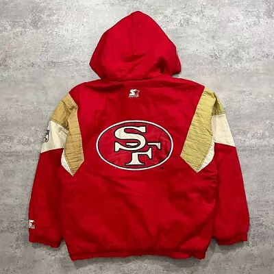 VTG 90s NFL SAN FRANCISCO 49ERS PUFFER JACKET HOODIE STARTER RED SIZE M • $150