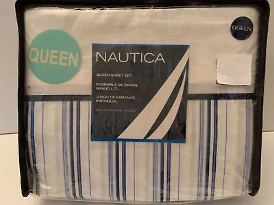 NEW Nautica 100% Cotton QUEEN Sheet Set 4pc Blue White Stripes NIP • £48.18