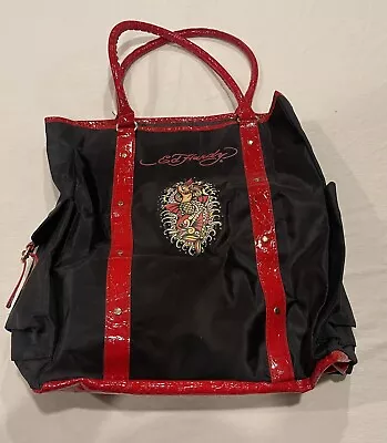 Ed Hardy Mermaid Large 15x14 Tote Bag Purse Handbag Black Nylon Red  • $14.99