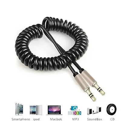 AUX CABLE Stereo Jack Coiled 3.5mm Lead Male Audio Gold Plated 1m • £3.50