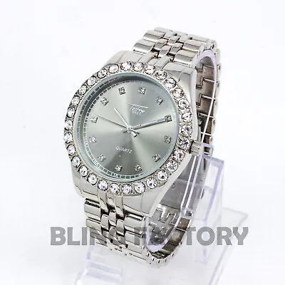 Luxury Hip Hop Lab Diamond Silver PT Grey Dial Metal Band Wrist Fashion Watch • $24.99