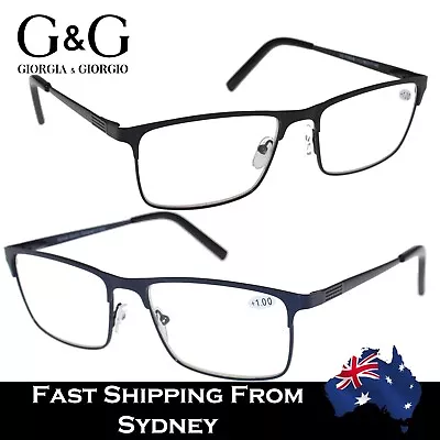 Men Reading Glasses Metal Frame Square Optical Spring Loaded Black Navy+1.0~+3.5 • $24.99