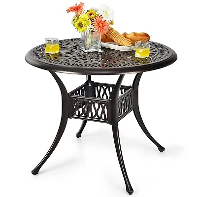 Outdoor Dining Table Round Cast Aluminum Patio Dining Table With Umbrella Hole • £119.95