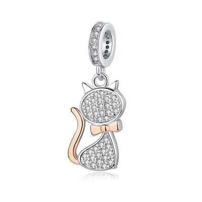 $26.99 • Buy S925 Silver & Rose Gold Fancy Pave Cat Pendant Charm By YOUnique Designs