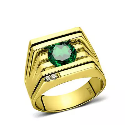 Mens Ring REAL Solid 14K YELLOW GOLD With Emerald And 2 DIAMOND Accents • $1034