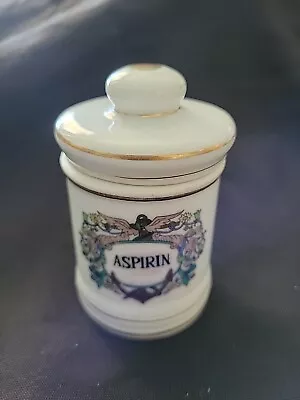 1950's Vintage Porcelain Aspirin Apothecary Jar W/ Lid Gold Trim. 3.25  X 2.00   • $14.49