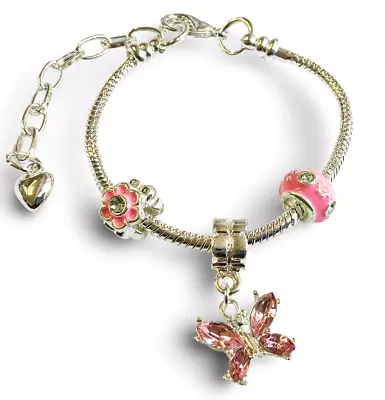 Children's Pink 'Butterfly Wishes' Adjustable Silver Plated Charm Bead Bracelet • £10.99