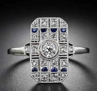 Vintage Art Deco Style Lab Created Diamond & Sapphire Wedding 925 Silver Ring • $88.69