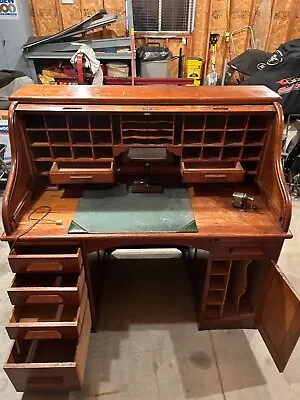 Used 54.5  Antique Oak Roll Top Desk Including  Swivel Desk Chair On Wheels • $3000