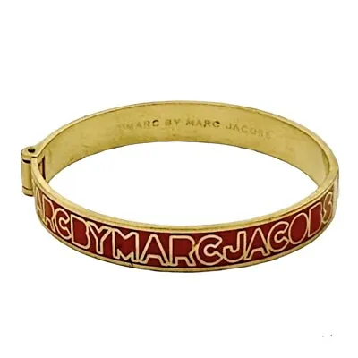 Marc By Marc Jacobs Bracelet Logo Hinged Bangle Gold Tone Red Enamel Signed 6.8” • $28.82