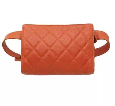 CHANEL Quilted Belt Waist Bum Bag Fanny Pack Caviar Skin Leather Orange Used • $1245.12