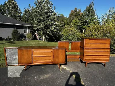 Mid Century United Dresser Tallboy Headboard Walnut Bedroom Set • $1775