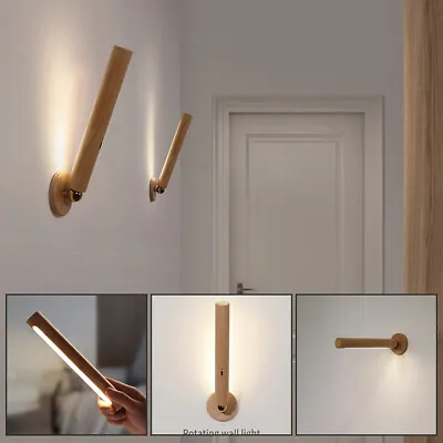 Rechargeable Wall Lamp Wooden LED Night Lights Rotating Spotlight Touch Switch • £16.49