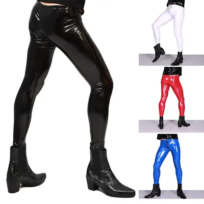 Men Sexy Shiny Wet Look PU Pants Trousers Stretch Faux Leather Leggings Clubwear • £22.79