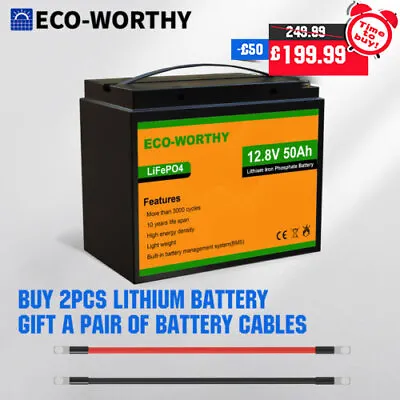 £199.99 • Buy 12V 50AH Lithium Battery LiFePO4 BMS 3000+ Cycle For Solar Panel System Boat RV