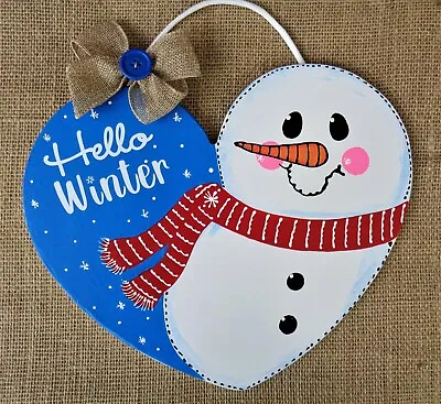SNOWMAN Hello WINTER SIGN Door Hanger Plaque Seasonal Wood Wooden Handcrafted • $13