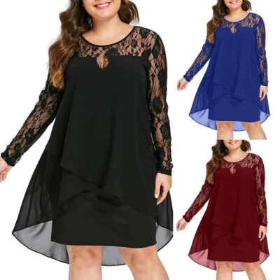 $29.69 • Buy Women Ladies Plus Size Sheer Lace Sleeve High Low Hem Swing Evening Party Dress
