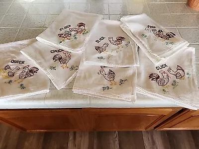 Vtg 7 Kitschy Farm Rooster Chicken Chick Hand Embroidered Tea Towels Flour Sack  • $55