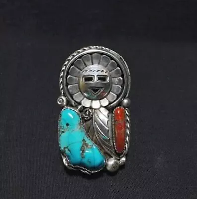 RARE ITEM American Vintage Kachina Blue Turquoise Coral Sterling Ring Size 10 • $288