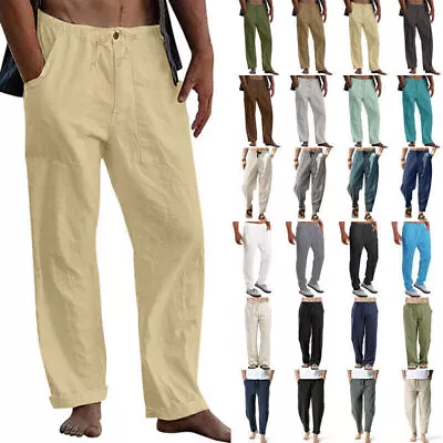Mens Elasticated Waist Cotton Linen Pants Drawstring Summer Causal Yoga Trousers • £10.69
