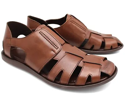 *f20 Uk 7 Mens Brown Leather Sandals Italian Strap Slip On Summer Shoes Eu 41 • £89